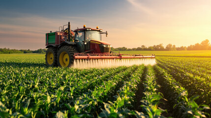 vibrant agricultural scene featuring tractor spraying fertilizer across lush green field at sunset,...