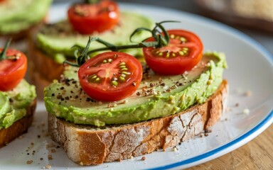Avocado toast with tomatoes. Delicious avocado toast topped with fresh tomatoes, a healthy and vibrant breakfast or snack.  Represents freshness and simple goodness.