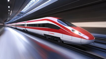 Fototapeta premium High-Speed Train Expressing Dynamic Motion Through Modern Train Station, Showcasing Sleek Design, Innovative Technology, and Motion Blur Effect for a Futuristic Look