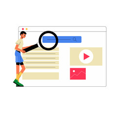 Male Character With Magnifying Glass On Web Browser In Flat Vector Illustration Symbolizing Online Search, Internet Research, And Digital Exploration, Isolated On White Background