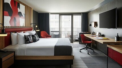 A modern hotel bedroom interior
