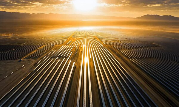 Aerial view of solar panels reflecting sunlight at sunset, showcasing renewable energy infrastructure in a vast landscape.