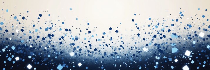 Fototapeta premium Abstract Light Beige Background With Falling Blue Square Confetti, Defocused Holiday Lights