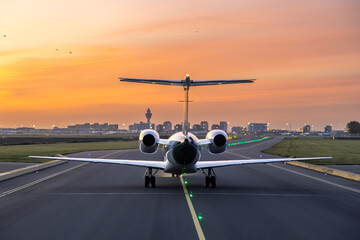Pilot view of taxiing aircraft, plane on taxiway at Schiphol airport
