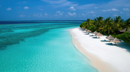 Fototapeta premium stunning aerial view of serene beach featuring white sandy shores and crystal clear turquoise waters. Palm trees sway gently, creating tranquil atmosphere perfect for relaxation