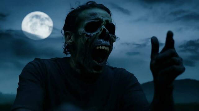 A Terrifying Zombie is Screaming in the Moonlight Captivating Horror Stock Photo for Fright and Thrills