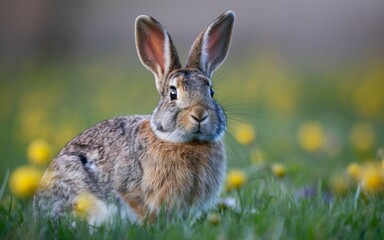 Fototapeta premium Bunny in meadow. Wild rabbit in spring meadow. A symbol of new life and springtime.