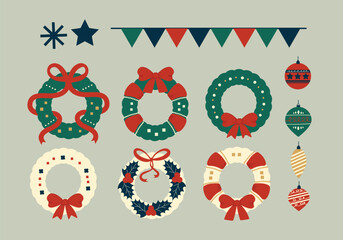 Fototapeta premium Christmas door wreath illustration style collection