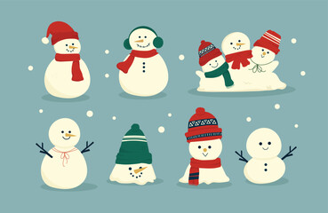 Vector Illustration Set of cute christmas snowmen in hats and scarves