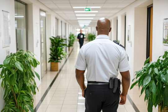 Workplace violence. A security officer walks through a corridor lined with potted plants and doors, maintaining a watchful presence in a modern building.