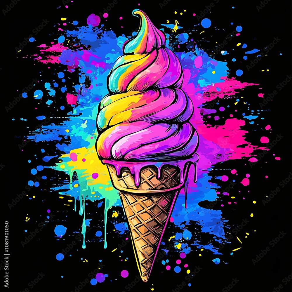 Poster colorful swirl ice cream cone on abstract background with vibrant paint splashes creating a fun and 