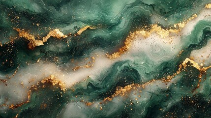 Abstract green and gold marbled texture with swirling patterns and speckles.