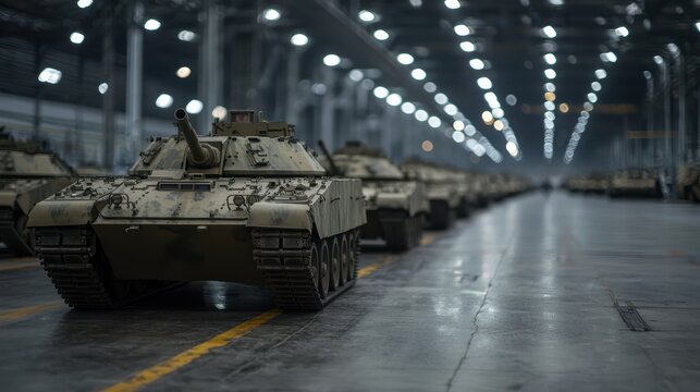 The image depicts a row of military tanks lined up in an industrial facility, illuminated by bright overhead lights, showcasing military machinery and engineering.