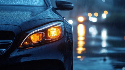 A close-up shot of a car's headlight in the rain at night. The car is parked on a wet street and the headlights are on, illuminating the rain.