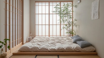 Serene Minimalist Bedroom with Natural Light and Tatami Mats, Featuring a Cozy Floor Bed Surrounded by Greenery and Soft Textiles for Tranquil Living Space