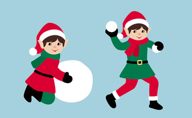 Set of retro elf playing with snowball  flat Vector stock illustration.
cute playful Santa Claus helpers.
Merry Xmas design element.
Good for card, banner, flayer, leaflet, poster. 