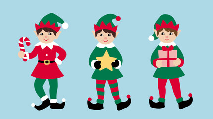 Set of cute retro Christmas elf flat Vector stock illustration.
cute playful Santa Claus helpers.
Merry Xmas design element.
Good for card, banner, flayer, leaflet, poster. 
