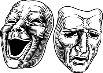 Theater or theatre drama comedy and tragedy masks in a vintage woodcut etching style