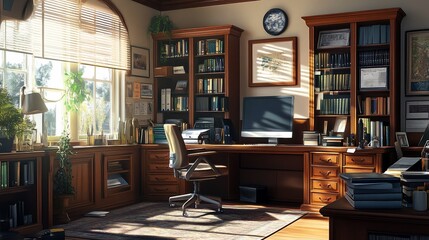 A well-lit home office with a computer, a bookshelf, and a window with blinds.