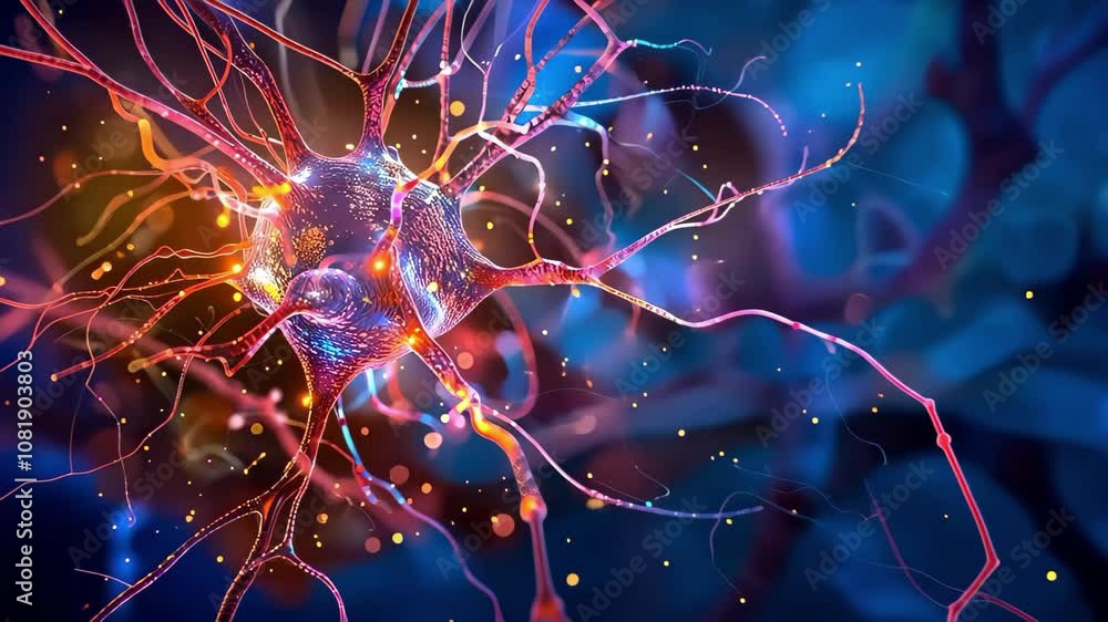 Poster a digital representation of a neuron, highlighting its structure with colorful synaptic connections 