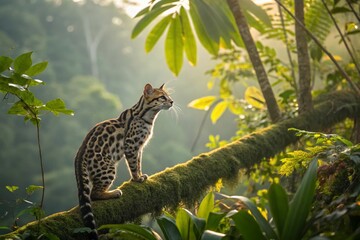 Fototapeta premium Majestic Margay Cat Resting on a Branch in Lush Tropical Forest of Honduras and Costa Rica with Vibrant Greenery and Soft Sunlight Filtering Through the Leaves