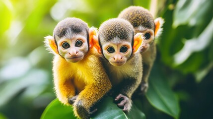 Obraz premium Three Adorable Baby Monkeys Perched on a Green Leaf