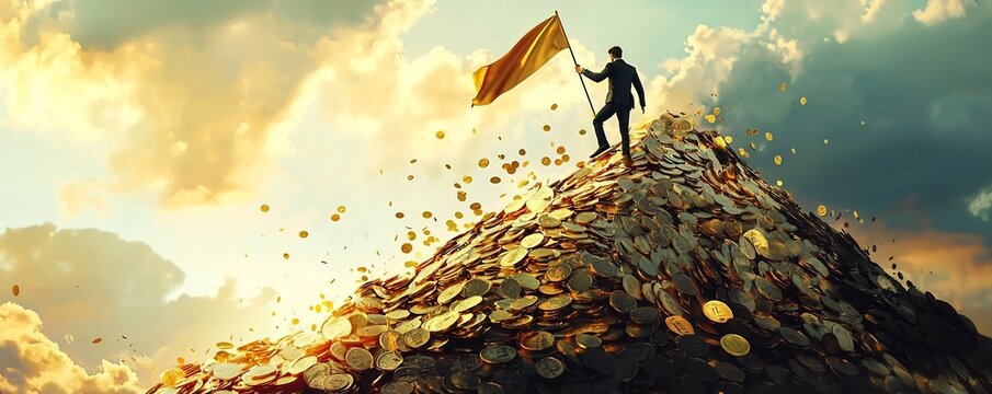 Businessman Scaling a Mountain of Gold Coins with Flag Symbolizing Financial Success and Asset Accumulation - Powered by Adobe