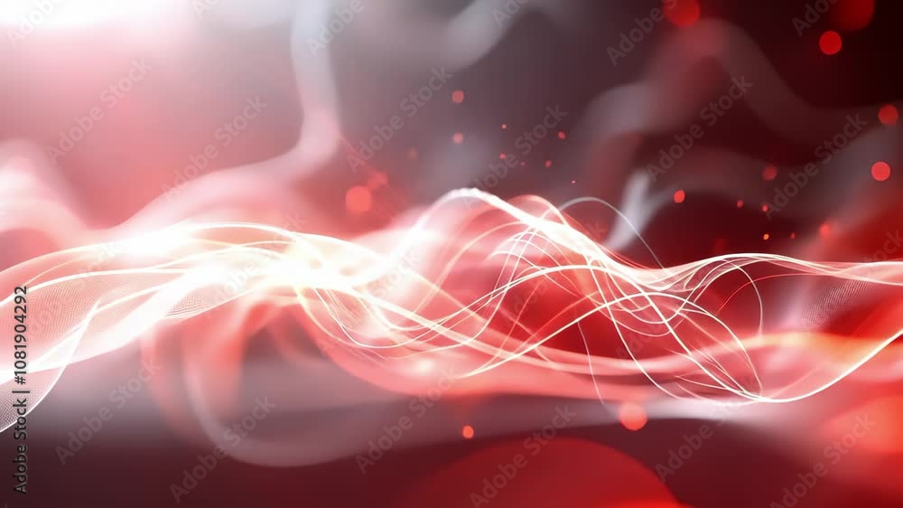 Poster abstract digital art featuring dynamic waves of red and white light with glowing particles, creating
