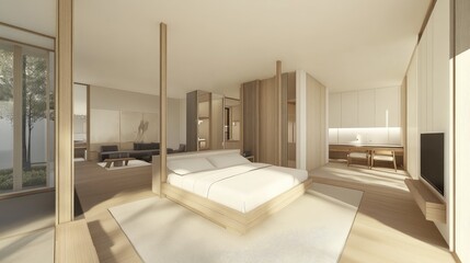 Modern bedroom interior design featuring minimalist aesthetics with wooden elements, natural lighting, and spacious layout for contemporary living and relaxation.