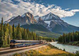 Majestic Rocky Mountaineer Locomotive in Jasper National Park with Edith Cavell Mountain and Jasper Train Station, Canada: A Scenic Journey through Nature's Splendor