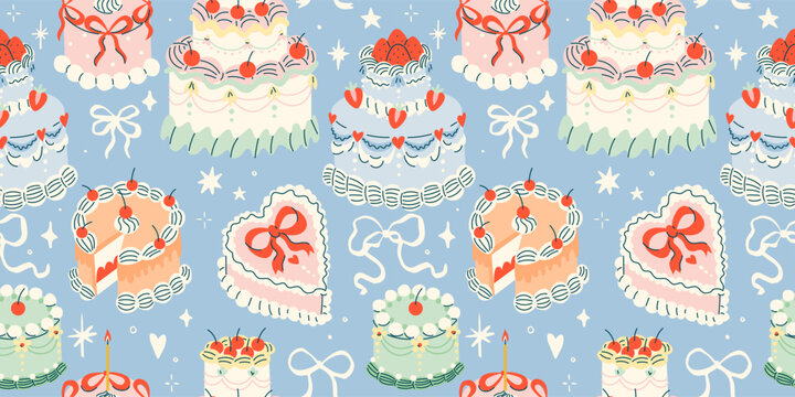Cute retro cakes seamless pattern with cherries and strawberries in coquette style.Hand drawn nostalgic dessert vector illustration. Funny birthday background, poster, social media banner.