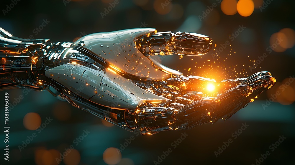 Poster futuristic robotic hand holding a glowing orb of light with sparkling particles on a dark background
