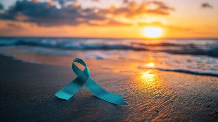 Teal awareness ribbon on a sandy beach with an ocean sunset in the background.