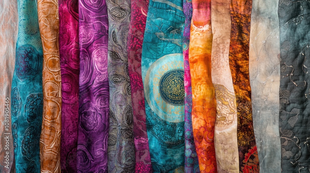 Poster colorful textiles displayed in rows, showcasing intricate patterns and rich textures perfect for hom