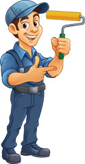 A painter decorator handyman cartoon mascot man holding a paint roller and pointing