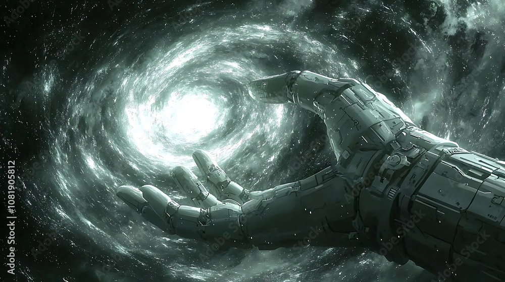 Poster futuristic robotic hand reaching toward a swirling galaxy in a cosmic setting, representing technolo