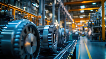 Naklejka premium High quality gears in modern industrial setting showcase precision engineering and advanced manufacturing processes. vibrant environment highlights efficiency of production lines