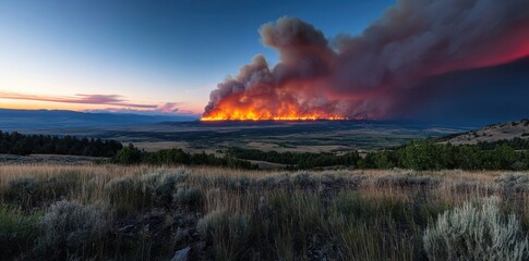 Burning landscape and efforts to restore nature amidst wildfires and environmental challenges.