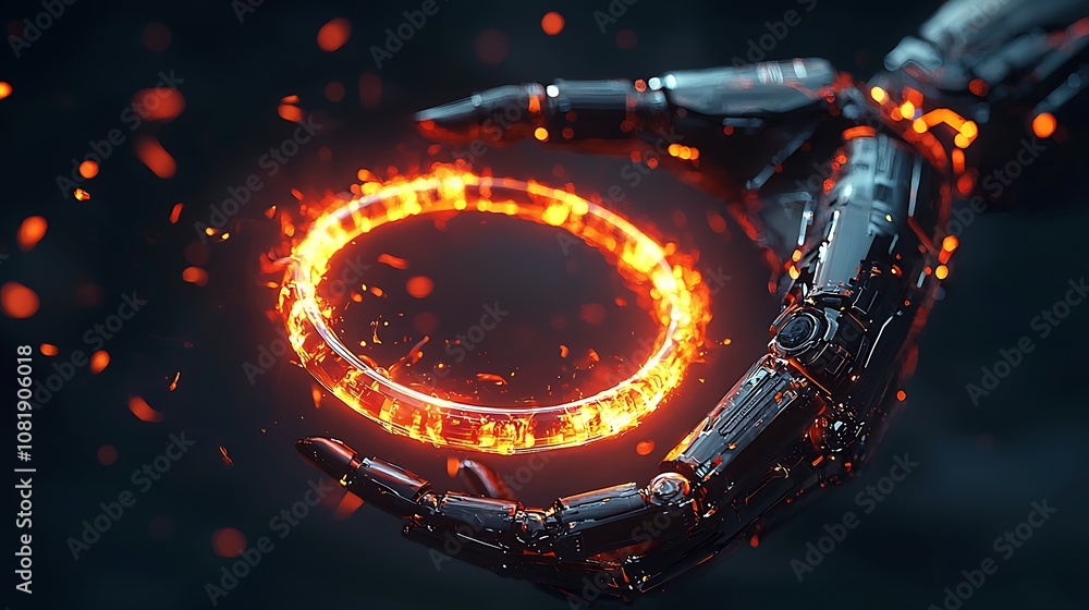 Poster futuristic robotic hand holding an illuminated glowing circle of lava with sparks and ember effects 