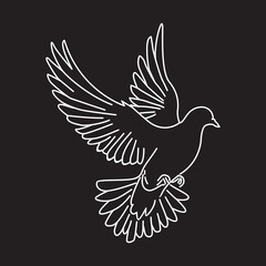 Fototapeta premium Dove vector line art illustration, Simple flat image of bird, flying, black isolated