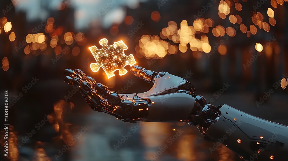 Aufkleber futuristic robotic hand holding glowing puzzle piece with bokeh background symbolizing solutions and