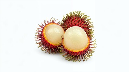 Two halves of a rambutan fruit showing the white edible part inside the spiky red shell on a white background.