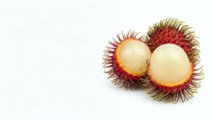 Two rambutan fruits, one peeled, on a white background.