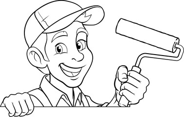 A painter decorator handyman cartoon construction man mascot character holding a paint roller tool