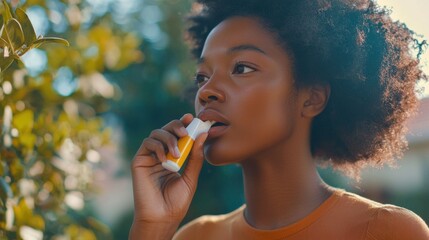 Fototapeta premium Fresh Woman Applying Lip Balm Outdoors