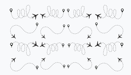  plane routes dotted paths aircraft travel route start point Flight route with start point and dash line