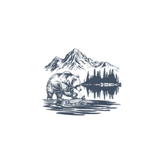 Bear catching fish in the lake logo design vector vintage