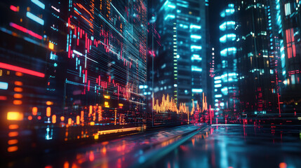 Obraz premium Digital cityscape with vibrant data streams and glowing graphs, representing cryptocurrency trading and financial technology. futuristic environment evokes sense of innovation and excitement