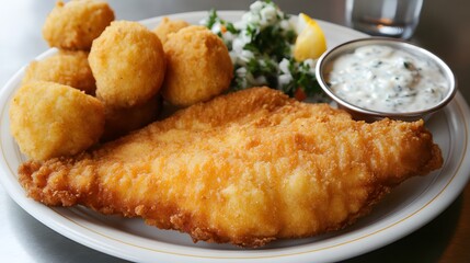 A plate of fried catfish, breaded and fried catfish fillets served with hush puppies and tartar sauce.


