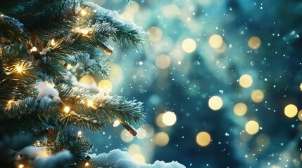 A festive close-up of a snowy evergreen tree adorned with glowing lights, creating a magical holiday atmosphere.